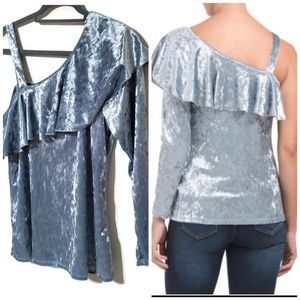 Silver gray soft crushed velvet one-shoulder top